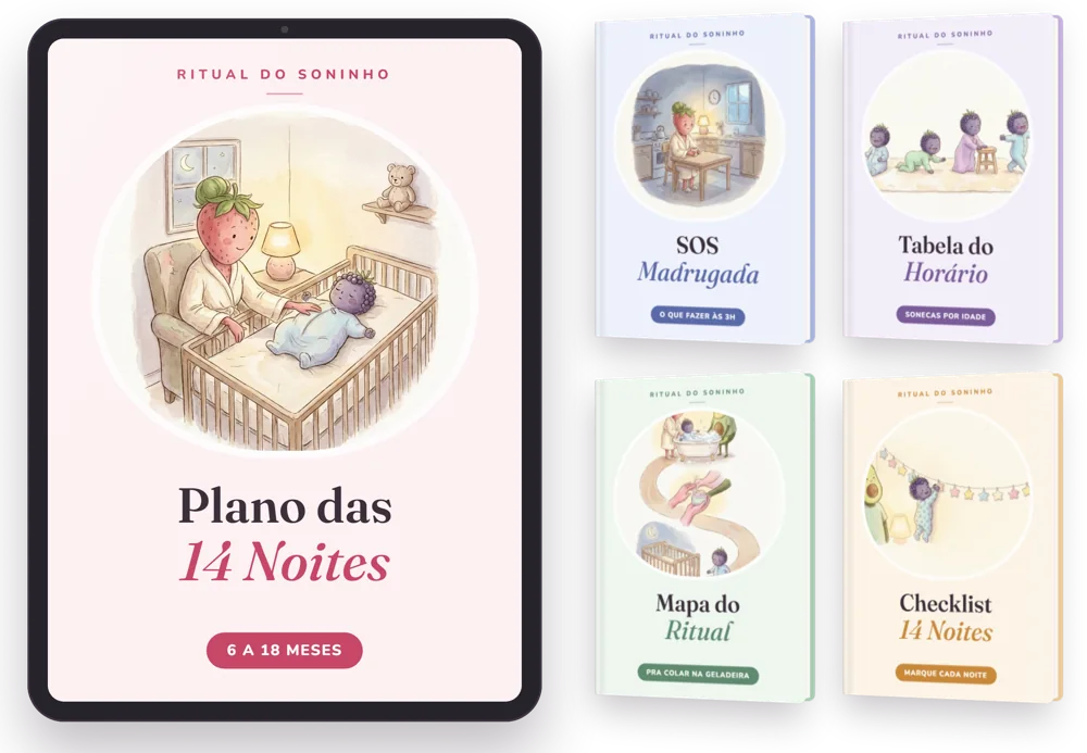 Ritual do Soninho: Plano das 14 Noites no tablet e os materiais SOS Madrugada, Tabela do Horário, Mapa do Ritual e Checklist